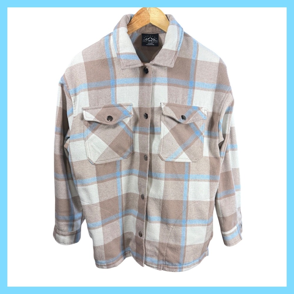 HFX Womens Flannel Shirt Jacket XS Plaid Button Up‎ Shacket Tan Blue